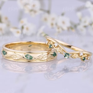 Couples Ring Moss Agate Wedding Bands Set Nature Inspired Leaf Design Wedding Ring Moss agate Mens Wedding band Promise Anniversary Gift