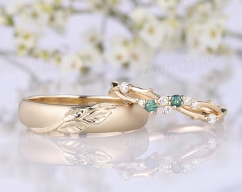 2pcs Leaf Couple Rings Set For Men and Women Moss Agate Wedding Rings set Nature inspired Mens wedding band 14k Gold Anniversary Ring