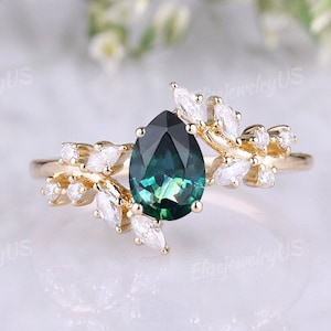 Vintage teal sapphire engagment ring blue green sapphire ring rose gold unique diamond ring pear cut wedding anniversary promise ring