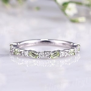 White gold Peridot wedding band women Marquise cut peridot wedding band vintage diamond stacking ring eternity gemstone anniversary gift