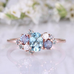 Aquamarine engagement ring unique oval cut ring rose gold wedding ring alexandrite moissanite cluster ring nature inspired promise ring