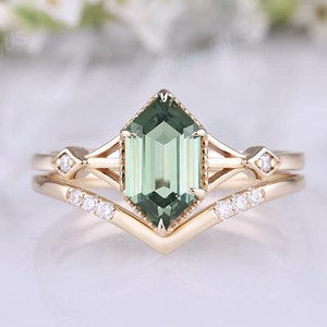 Hexagon Cut Grün Saphir Verlobungsring Set Einzigartige Solid Gold Ring Diamant Trauringe Frauen Versprechen Braut Set Jubiläumsgeschenk