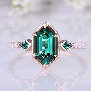 Hexagon shaped emerald engagement ring dainty green gemstone ring vintage rose gold wedding ring women bridal promise ring gift for women