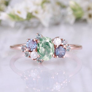 Vintage Moss Agate Engagement ring oval cut alexandrite cluster ring women rose gold unique green gemstone wedding promise anniversary gift