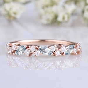 Marquise cut Aquamarine wedding band women rose gold unique stacking band vintage Moissanite matching ring half eternity Bridal ring gift