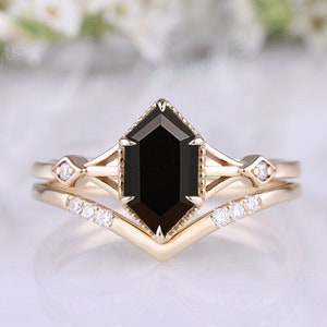 Vintage Hexagon Black Onyx Wedding Ring Set unique gold Onyx engagement rings women art deco promise anniversary gift birthstone jewelry