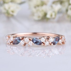 Unique marquise cut alexandrite wedding ring 14k rose gold half eternity diamond moissanite engagement band alexandrite bridal promise ring