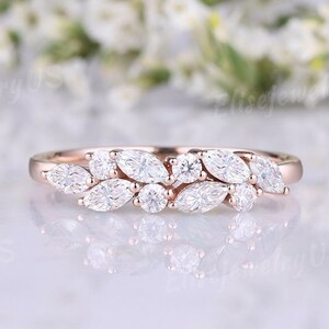 Marquise Moissanite wedding band rose gold women moissanite diamond stacking ring leaf floral natural inspired wedding ring Anniversary gift