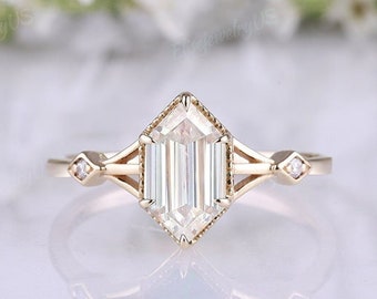 Anillo de compromiso vintage de moissanita con corte hexagonal para mujer, anillo de boda de moissanita, anillo nupcial de oro único, anillo de boda Art Déco, regalo de aniversario
