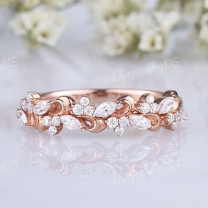 Unique moissanite rose gold wedding band women marquise diamond leaf vine design floral matching stacking ring vintage half eternity band