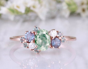 Vintage Moss Agate Engagement ring oval cut alexandrite cluster ring women rose gold unique green gemstone wedding promise anniversary gift