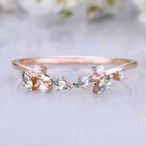 Marquise aquamarine rose gold wedding band ring unique ring moissanite wedding band stacking matching rings handmade art deco ring gift