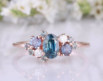 Unique Blue Green Sapphire engagement ring oval cut Alexandrite cluster ring women vintage diamond ring wedding anniversary gift for her