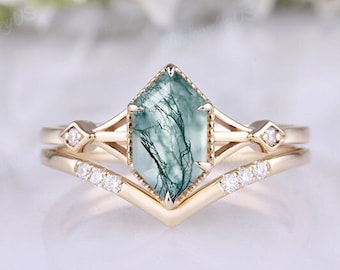 Moss Agate Engagement Ring Set Hexagon Cut Agate Wedding Ring Set Dainty Moissanite Stacking Ring Rose Gold Ring Set Promise Ring For Her