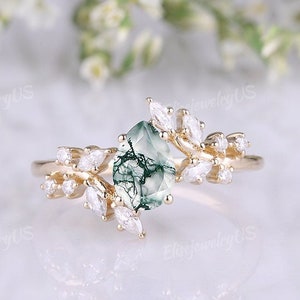 Branch Pear Moss Agate Engagement Ring Gold Ring Unique Promise Floral Wedding Ring Green Gemstone Ring Nature Inspired Anniversary Gift