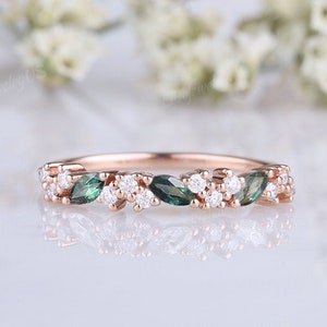 Marquise cut Blue Green Sapphire wedding band unique ring moissanite wedding band tal sapphire stacking ring handmade promise gift for women