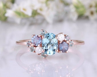 Aquamarine engagement ring unique oval cut ring rose gold wedding ring alexandrite moissanite cluster ring nature inspired promise ring