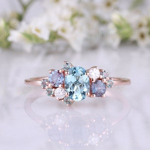 Aquamarine engagement ring unique oval cut ring rose gold wedding ring alexandrite moissanite cluster ring nature inspired promise ring