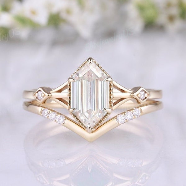 Long Hexagon Cut Moissanite Engagement Ring Set Unique Solid Gold Ring Moissanite Wedding Rings Women Wedding Bridal Set Anniversary Gift