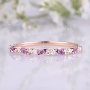 Amethyst wedding band unique marquise cut amethyst ring moissanite half eternity 14k rose gold wedding band women matching stacking band