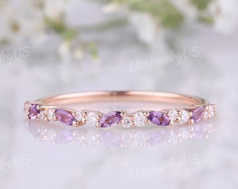 Amethyst wedding band unique marquise cut amethyst ring moissanite half eternity 14k rose gold wedding band women matching stacking band