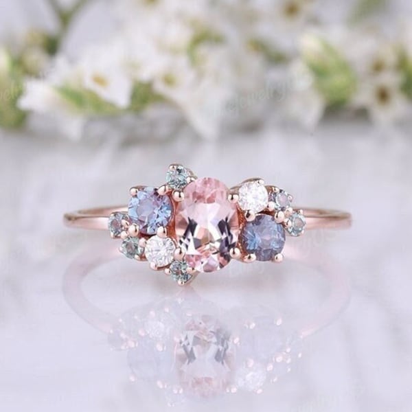 Dainty oval morganite engagement ring rose gold alexandrite cluster ring birthday ring custom promise ring gift for her personalized jewelry