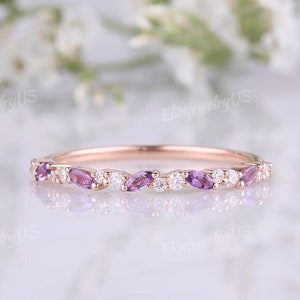 Amethyst wedding band unique marquise cut amethyst ring moissanite half eternity 14k rose gold wedding band women matching stacking band