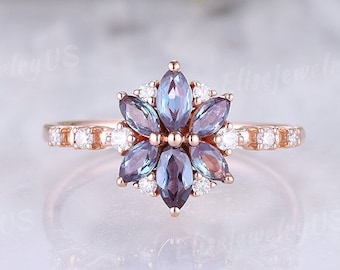 Unique alexandrite engagement ring rose gold wedding ring marquise cut alexandrite moissanite cluster ring promise ring art deco ring women