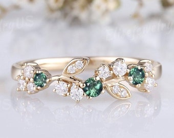 Unique Blue Green Sapphire Wedding Band Solid Gold Moissanite Wedding Band Teal Sapphire Wedding Ring Dainty Personalized Stackable Rings