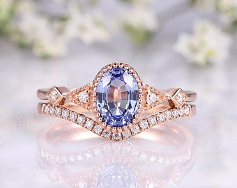 Oval Sapphire Engagement Rings Woman Vintage Gold Rings Unique Cornflower Sapphire Wedding Rings Art Deco Dainty Anniversary Gift for Her