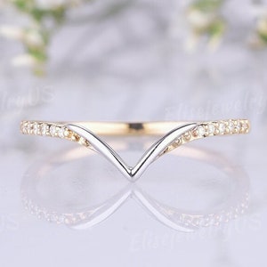 Vintage Two Tones Wedding Band Gold Ring Moissanite Wedding Band Diamond Wedding Band Unique Curved Stacking Matching Band V shaped Band