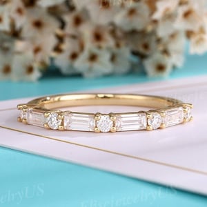 Unique Rose gold wedding band women Half Eternity Baguette Moissanite wedding band vintage Matching Stacking Bridal Promise gift for her