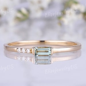 Dainty Aquamarine Wedding Band Baguette Cut 14k Gold Unique Wedding Ring Minimalist Gemstone Nature Inspired Jewelry Stacking Diamond Ring