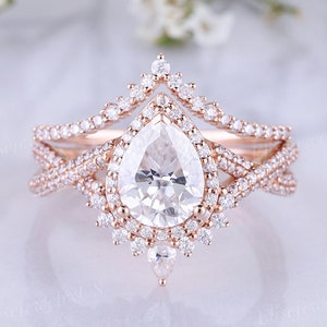 Unique Moissanite engagement ring set Women Pear shaped Wedding Rings Rose gold Halo diamond band Twisted band Vintage Promise rings Gift
