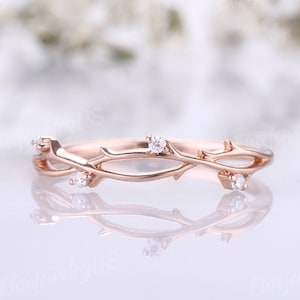 Diamond Wedding Band Dainty Rose Gold Twig Wedding Band Unique Leaf Twist Ring Floral Stacking Band Anniversary Gift Women Nature Inspired