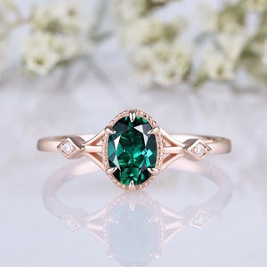 Vintage Emerald Engagement Ring Women Unique Wedding Ring Rose Gold Moissanite Green Gemstone Ring Dainty Promise Anniversary Ring For Her