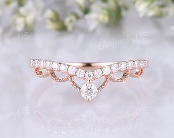 Art Deco Curved Moissanite Wedding Band Woman Rose Gold Custom Band Matching Band Ring Chevron Milgrain Ring Delicate Stacking Band Crown