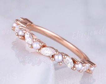Vintage Pearl Wedding Band Dainty Half Eternity Art Deco Rose Gold Moissanite Stacking wedding band Promise Anniversary Ring For Women