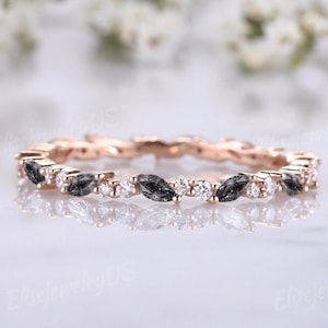 Rose gold wedding band Marquise cut Black Rutilated Quartz wedding band vintage Diamond stacking matching ring Full eternity Bridal ring