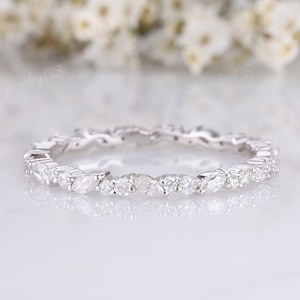 Unique Marquise Shaped Moissanite Engagement Ring 14K White Gold Full Eternity Ring Moissanite Cluster Bridal Ring Delicate Anniversary Gift