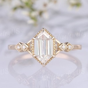Vintage Hexagon Cut Moissanite Engagement Ring Women Moissanite Wedding Ring Solid Gold Art Deco Promise Wedding Ring Anniversary Gift