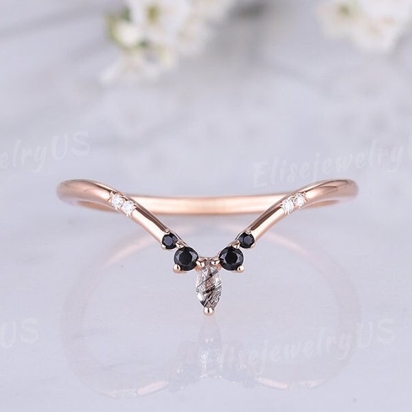 Unique black rutilated quartz V shape wedding band black onyx stacking ring rose gold matching band handmade anniversary rings for women