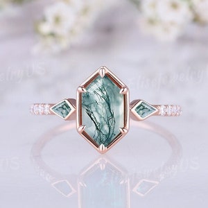 Hexagon shaped moss agate engagement ring green gemstone ring vintage rose gold wedding ring women bridal promise ring anniversary gift