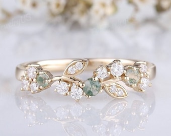 Leaf moss agate wedding band gold wedding band unique moss agate ring nature inspired leaf floral ring cluster diamond rings for women