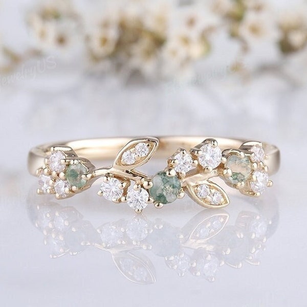 Leaf moss agate wedding band gold wedding band unique moss agate ring nature inspired leaf floral ring cluster diamond rings for women
