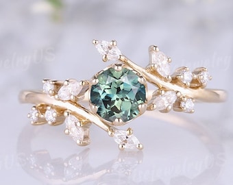 Round Cut Teal Sapphire Engagement Ring Gold Ring Branch Wedding Ring Nature Inspired Leaves Ring Unique Green Sapphire Promise Ring