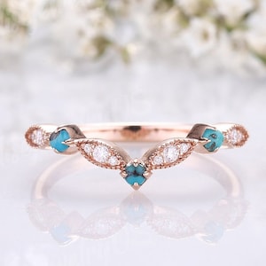 Dainty Turquoise Wedding Band Art Deco 14k Rose Gold Ring Unique Half Eternity Moissanite Stacking Matching Ring Curved Ring For Women