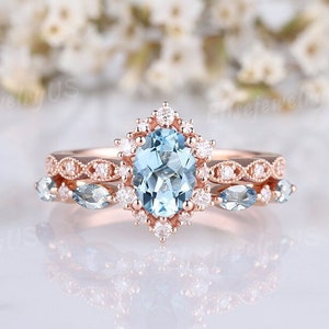 Dainty oval cut aquamarine engagement ring set rose gold wedding rings women marquise aquamarine wedding band gemstone anniversary gfit