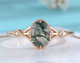 Vintage Moss Agate engagement ring oval cut art deco milgrain cluster diamond ring rose gold  prong set ring unique promise anniversary ring