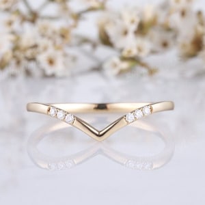 Unique Moissanite Wedding Band Women Vintage Gold Ring Stacking Moissanite Band Matching Ring Art Deco Chevron Curved Wedding Band Gift